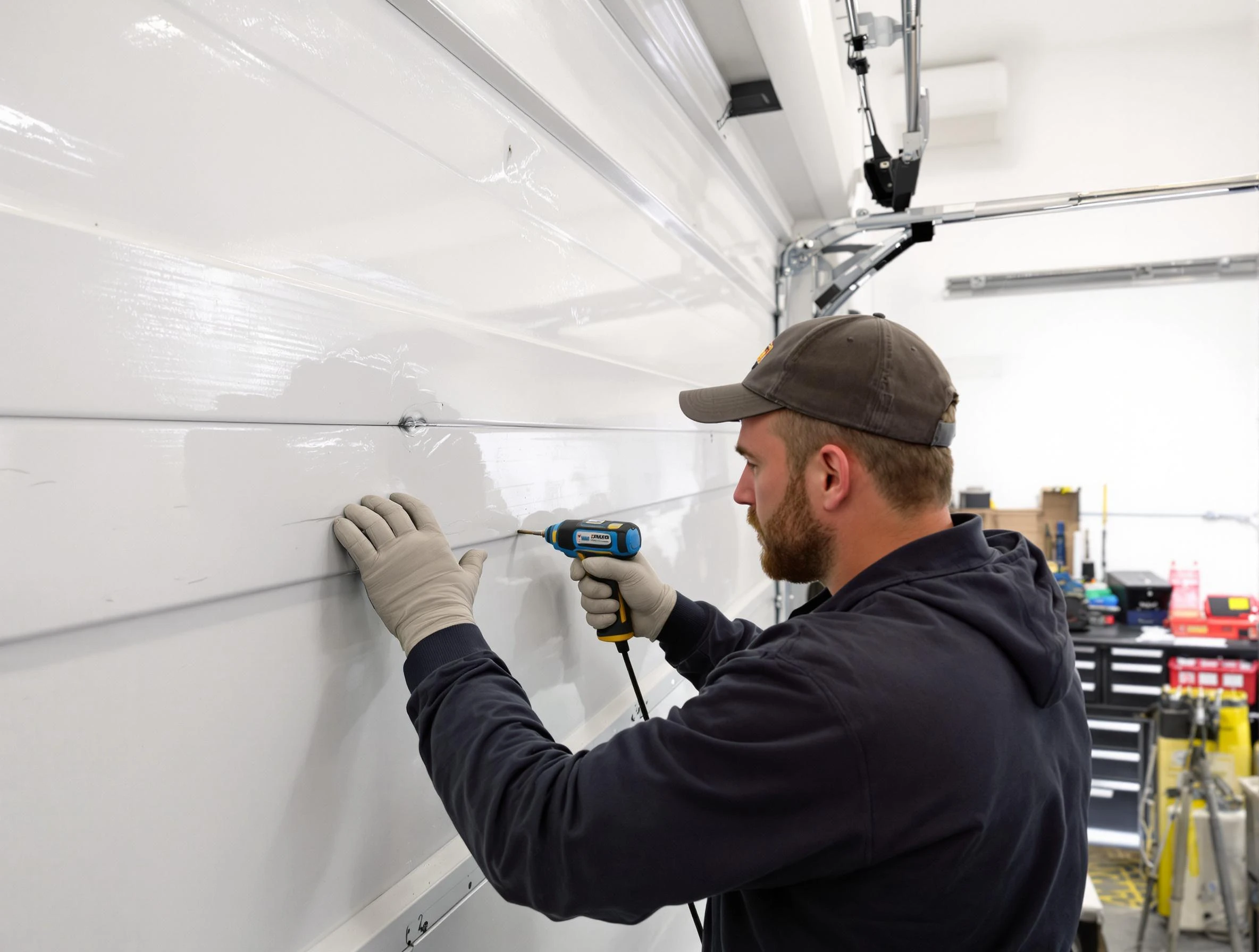 White Bluff Garage Door Repair technician demonstrating precision dent removal techniques on a White Bluff garage door
